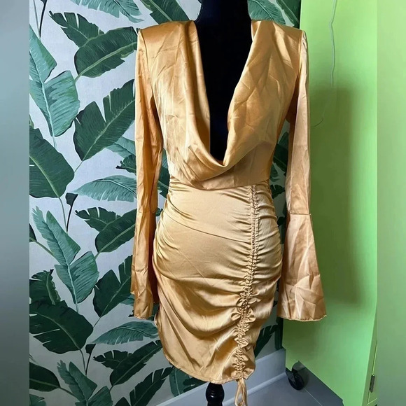 Pretty Little Thing Womens Yellow Ruched Plunge Cowl Neck Long Sleeve Dress 2 - Picture 4 of 14